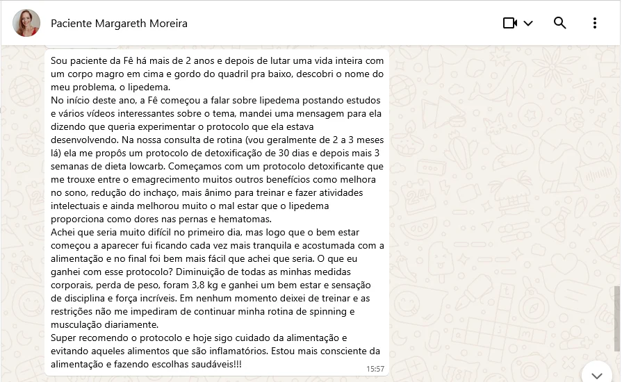 Print de WhatsApp da paciente Margareth Moreira contando sua experiência com o protocolo Lipe D